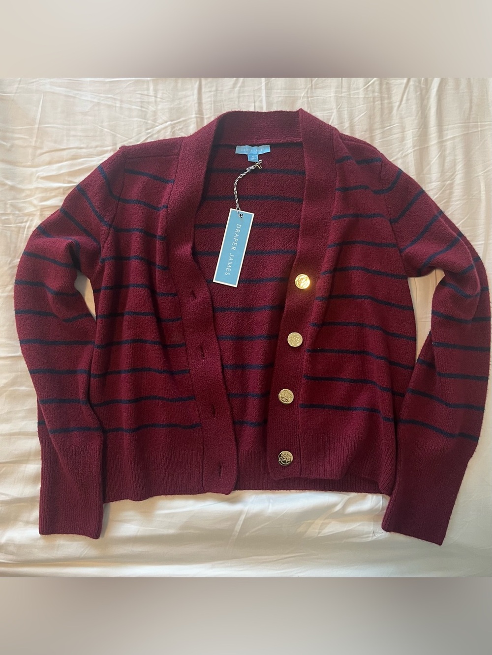 Draper James Burgundy and Navy Striped Button-Front Cardigan NWT